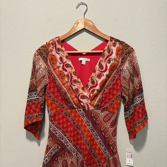 Westport 1962 Midi Dress Size 6 Red Brown Metallic Paisley Print V-Neck Casual - Picture 2 of 9